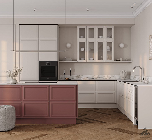 Кухня по проекту «Абель» в строгих белых цветах с вставками из матовых вишневых фасадов фото 3