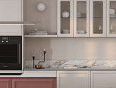 Кухня по проекту «Абель» в строгих белых цветах с вставками из матовых вишневых фасадов
