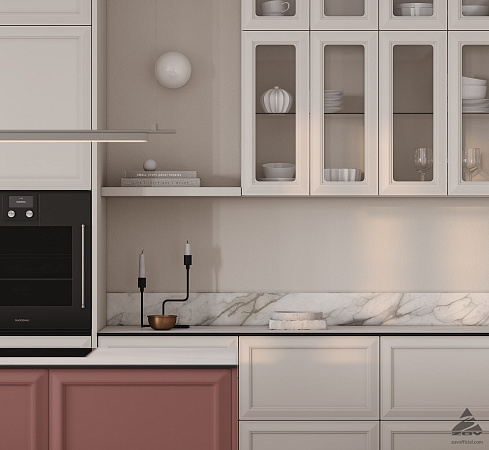 Кухня по проекту «Абель» в строгих белых цветах с вставками из матовых вишневых фасадов фото 1