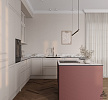 Кухня по проекту «Абель» в строгих белых цветах с вставками из матовых вишневых фасадов фото 2
