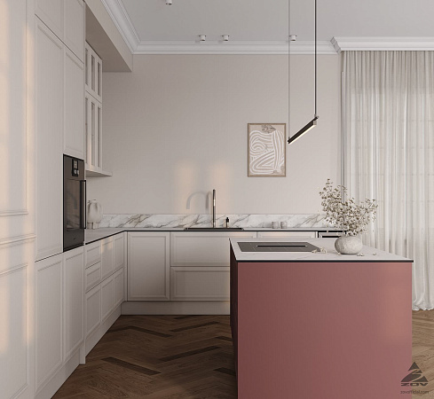Кухня по проекту «Абель» в строгих белых цветах с вставками из матовых вишневых фасадов фото 2